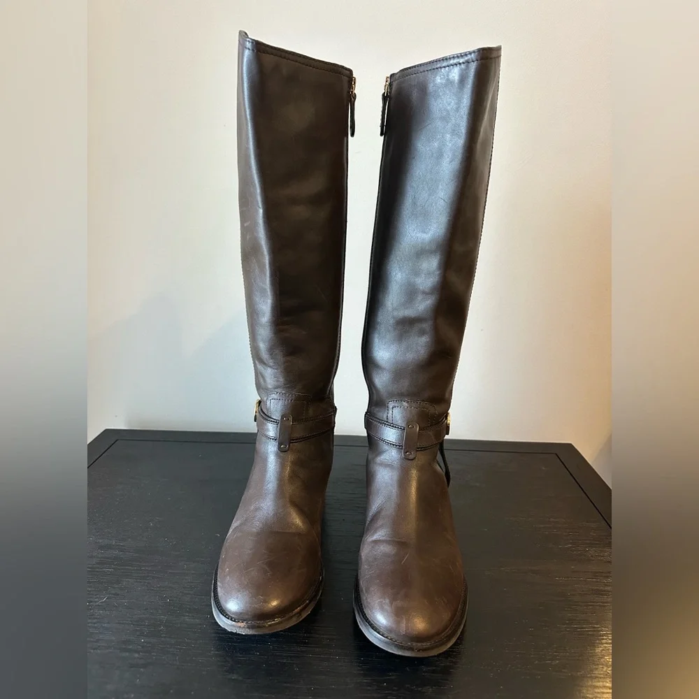 Tory Burch Bristol Brown Coconut Gold Leather Riding Boots Knee Both Size 8.5